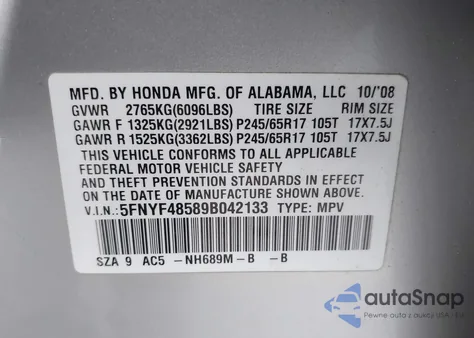 2009 Honda Pilot Ex-L z USA, uszkodzony, nr VIN 5FNYF48589B042133